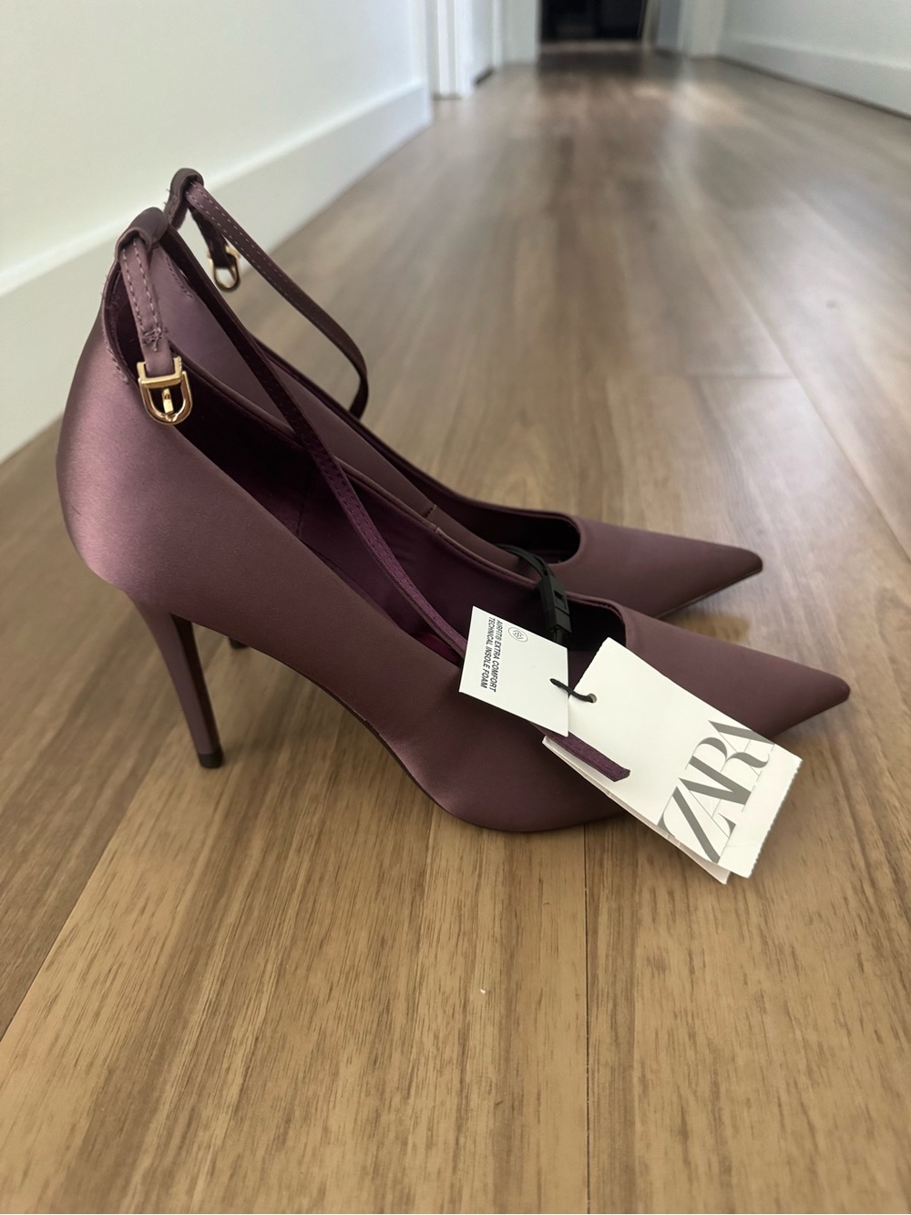 Zara Plum Satin Pointed-Toe Ankle-Strap Heels